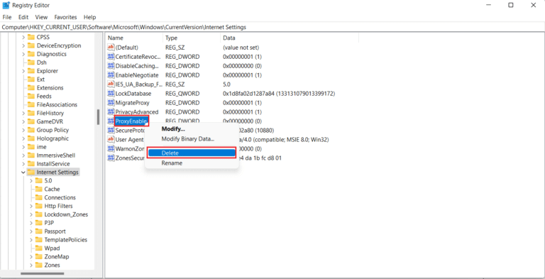 right-click-on-proxyenable-and-select-delete-768x393-1 إصلاح الخطأ Err Proxy Connection Failed على Chrome