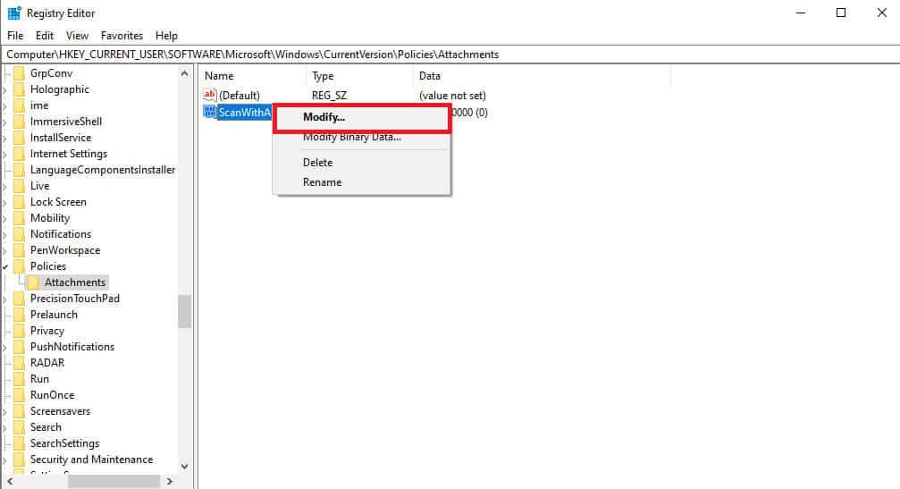 right-click-on-the-new-dword-key-and-click-modify... إصلاح خطأ فشل فحص الفيروسات في Google Chrome