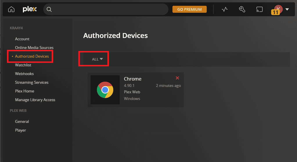 select-authorized-devices-and-click-on-all إصلاح خطأ Plex عند محاولة تشغيل الفيديو