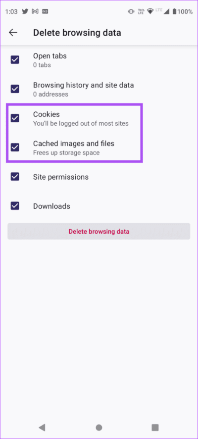 select-cookies-and-cached-data-firefox-android-462x1024-1 كيفية مسح ذاكرة التخزين المؤقت وملفات تعريف الارتباط في Firefox على الويب و iPhone و Android