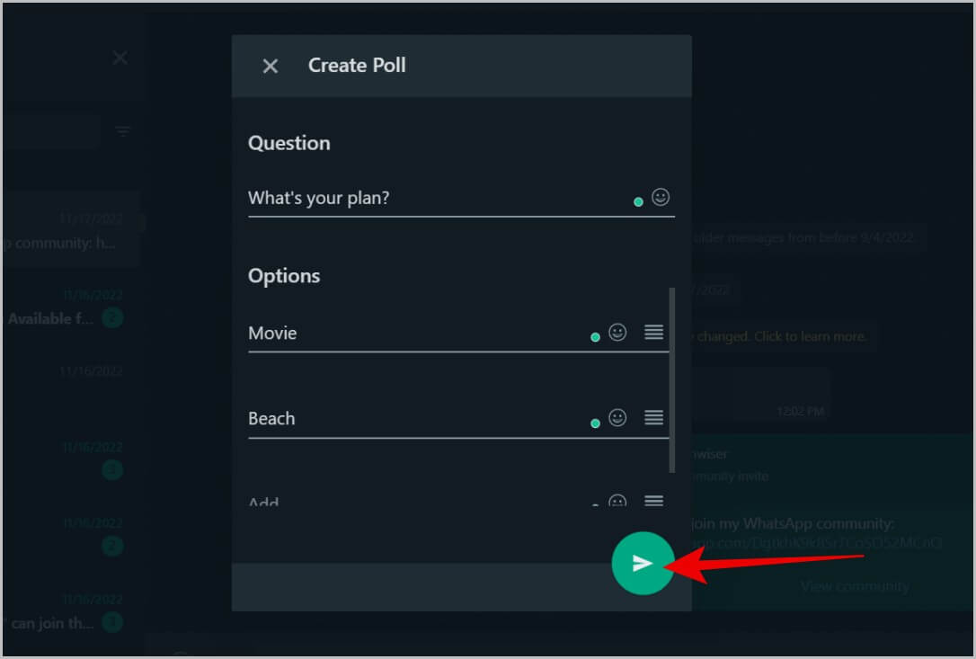 sending-the-poll-on-whatsapp-web كيفية إنشاء استطلاع على WhatsApp للجوال وسطح المكتب والويب