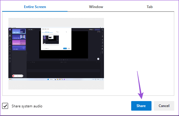 share-screen-for-recording-clipchamp-windows-11 أفضل 4 طرق لتسجيل الشاشة بدون Xbox Game Bar على Windows 11