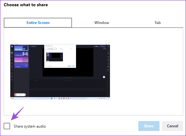 share-system-audio-clipchamp-screen-record أفضل 4 طرق لتسجيل الشاشة بدون Xbox Game Bar على Windows 11