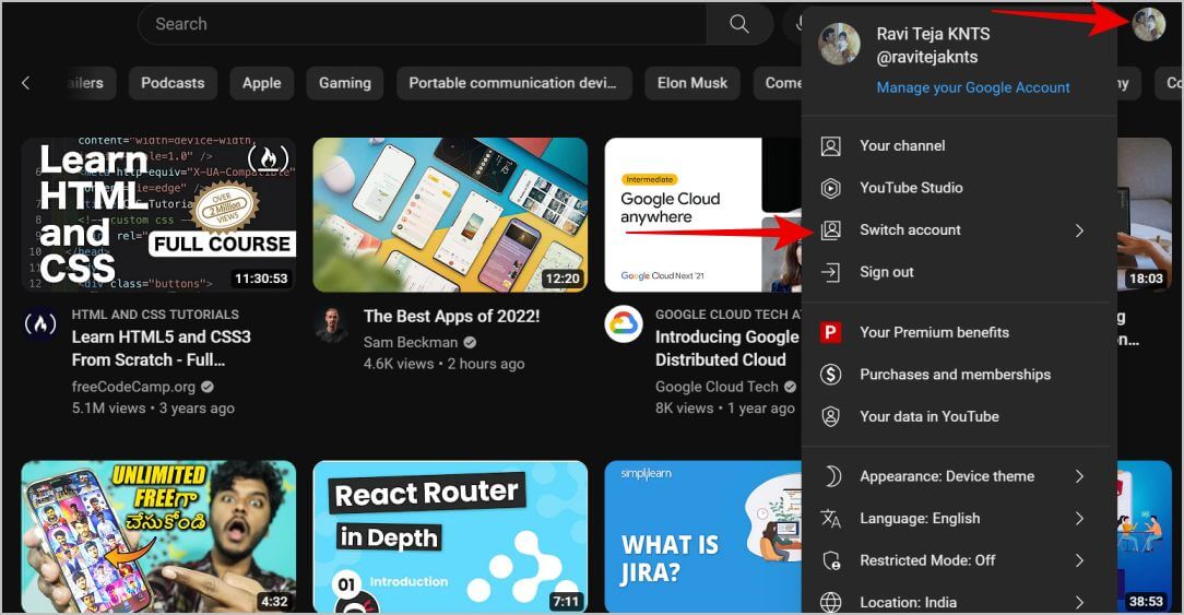 switch-account-on-YouTube كيفية حذف قناتك على YouTube وقناة العلامة التجارية مع YouTube