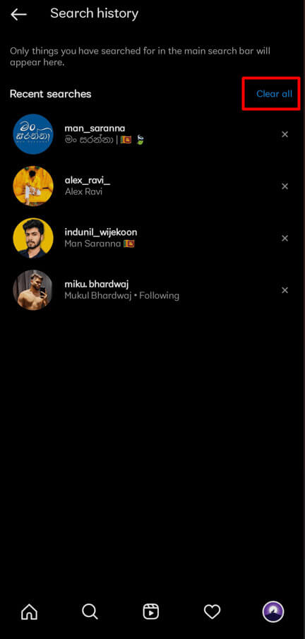 tap-clear-all-click-on-this-icon-in-the-top-righ كيفية إعادة تعيين أو مسح اقتراحات البحث في Instagram