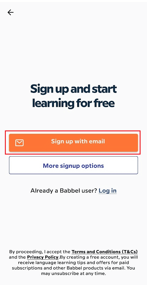 tap-on-Sign-up-with-email هل Babbel جيد للمبتدئين؟