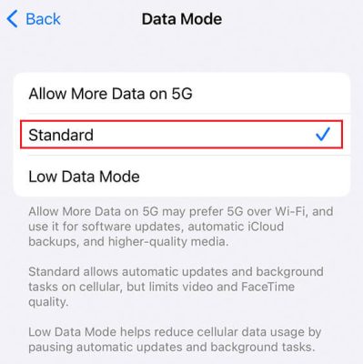 tap-on-Standard-to-turn-off-the-low-data-mode-e1671710585305 كيفية إصلاح مشاركة موقعي على iPhone باللون الرمادي