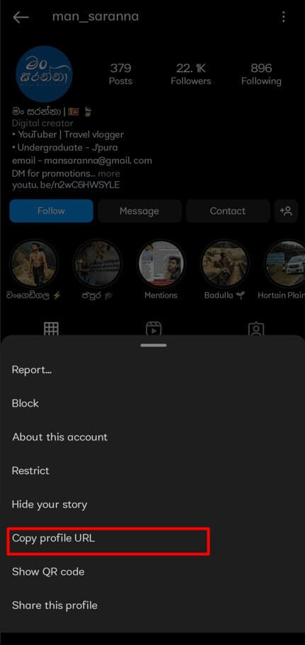 tap-on-copy-profile-url- كيفية تتبع موقع حساب Instagram
