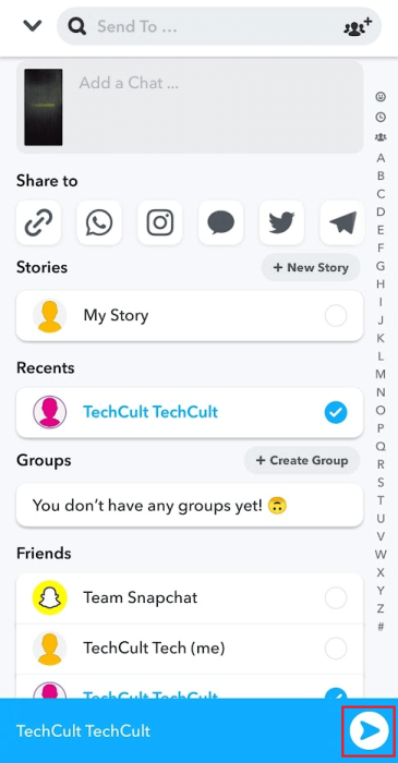 tap-on-the-Send-icon-to-repost-the-chat-e1671455541178 كيفية إعادة نشر مقاطع فيديو Instagram على قصة Snapchat