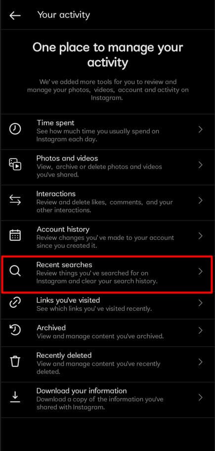 tap-on-the-recent-searches-from-the-next-window-m كيفية إعادة تعيين أو مسح اقتراحات البحث في Instagram