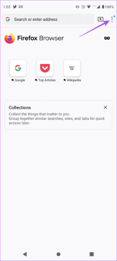 three-dots-firefox-android-462x1024-1 كيفية مسح ذاكرة التخزين المؤقت وملفات تعريف الارتباط في Firefox على الويب و iPhone و Android