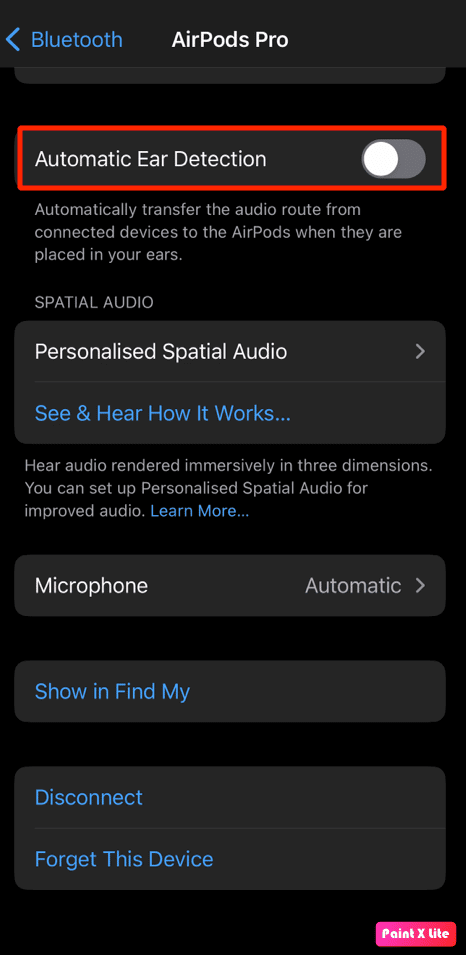 toggle-off-automatic-ear-detection كيفية إصلاح AirPods متصلة ولكن الصوت يأتي من الهاتف