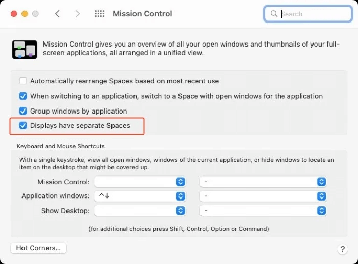 uncheck-displays-have-separate-spaces.jpeg كيفية إصلاح استخدام وحدة المعالجة المركزية العالي على جهاز Mac