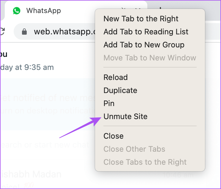 unmute-site-chrome أفضل 5 إصلاحات لعدم وجود صوت في WhatsApp للويب على Mac و Windows