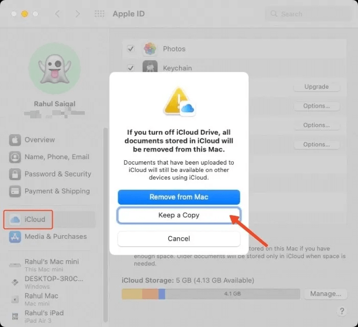 untick-icloud-drive-and-choose-keep-a-copy-1.jpg كيفية إصلاح استخدام وحدة المعالجة المركزية العالي على جهاز Mac