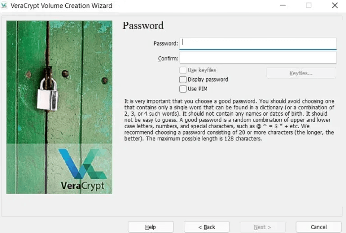 veracrypt-password-selection-windows.jpg لماذا لا يعمل التشفير على Windows 11 Home ، وكيفية إصلاحه