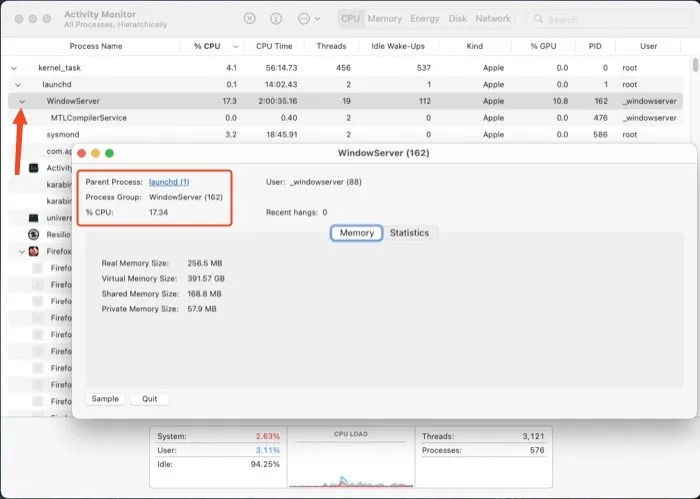 windowserver-processes-Activity-Monitor.jpeg كيفية إصلاح استخدام وحدة المعالجة المركزية العالي على جهاز Mac