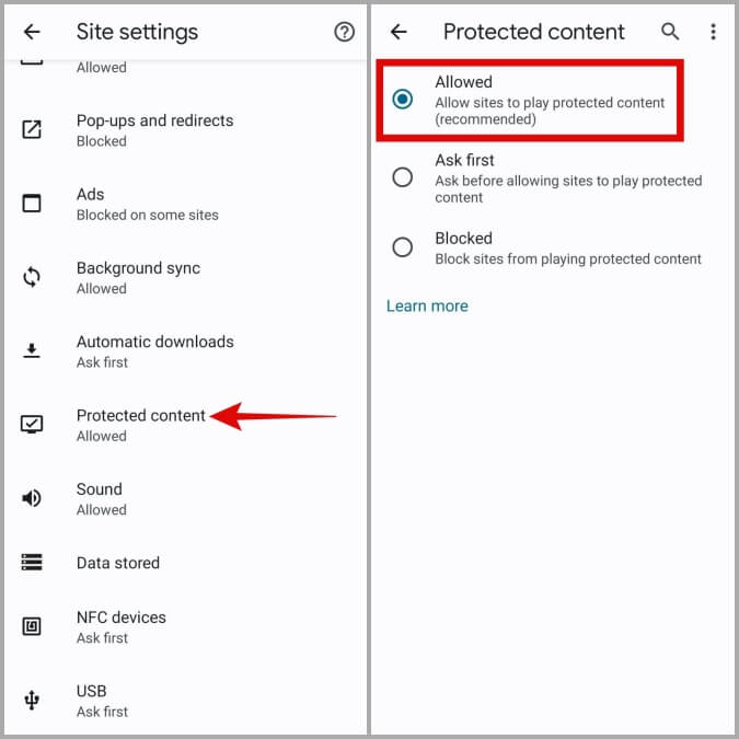 Allow-Protected-Content-in-Chrome-for-Android أفضل 7 طرق لإصلاح عدم وجود صوت في Google Chrome لنظام Android
