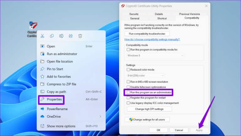 Configure-App-to-Run-as-Admin-768x433-1 أفضل 6 طرق لإصلاح خطأ لا يمكن تشغيل هذا التطبيق على جهاز الكمبيوتر Windows 11