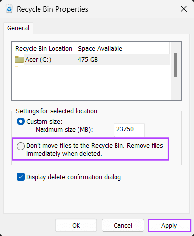 Deselect-the-Second-Option أفضل 4 إصلاحات لعدم ظهور الملفات المحذوفة في سلة المحذوفات
