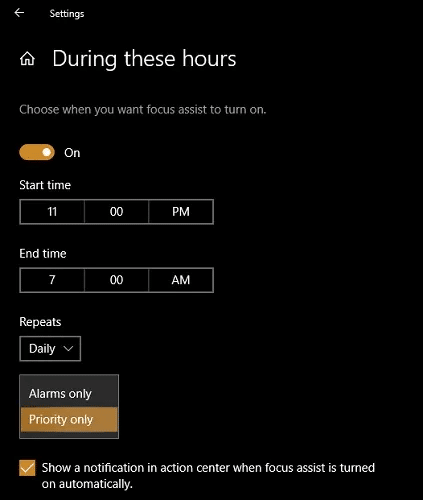 Focus-Assist-During-these-Hours.jpg كيفية استخدام Windows 10 Focus Assist للتحكم في الإشعارات