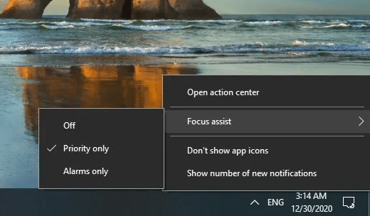 Focus-Assist-from-System-Tray.jpg كيفية استخدام Windows 10 Focus Assist للتحكم في الإشعارات