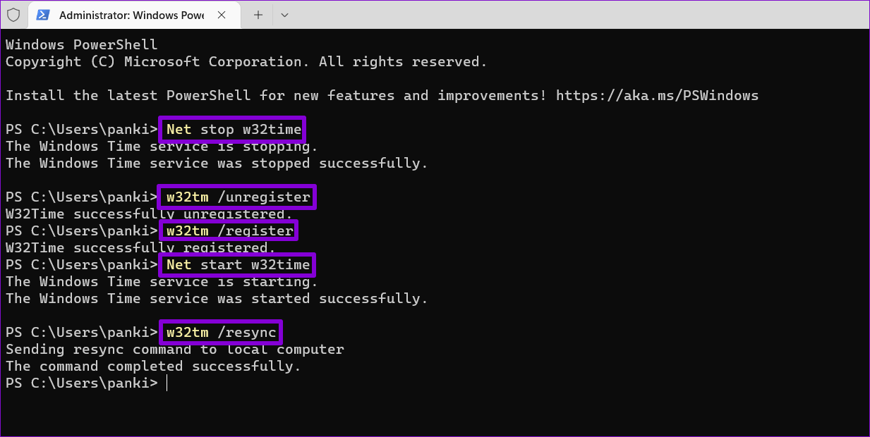 Force-Windows-to-Sync-Time-With-PowerShell-1 أفضل 6 طرق لإصلاح التوقيت الخاطئ (ضبط الوقت) على Windows 11