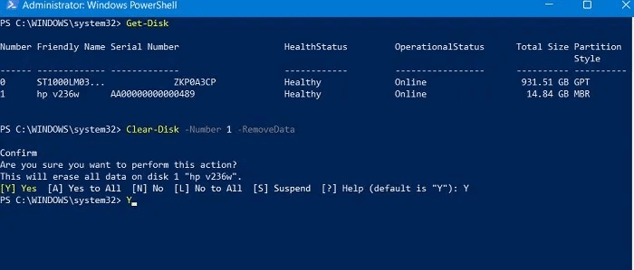 Format-USB-Windows-PowerShell-Clearing-Disk-Confirm.jpg كيفية تهيئة محرك أقراص USB في Windows