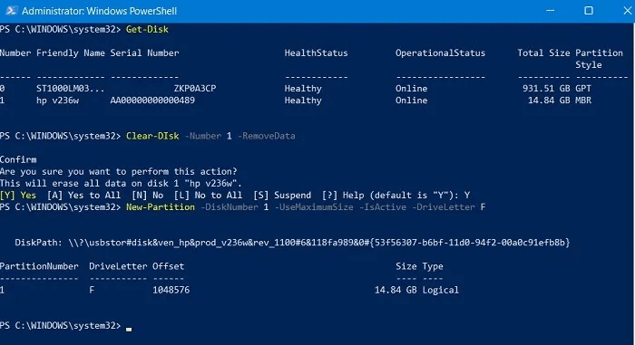 Format-USB-Windows-PowerShell-New-Partition-Command.jpg كيفية تهيئة محرك أقراص USB في Windows