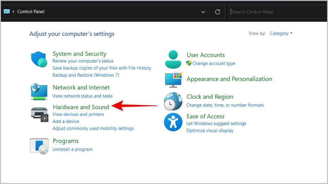 Hardware-and-Sound-option-on-Control-Panel كيفية ضبط قنوات الصوت اليمنى واليسرى على Windows 11 و 10