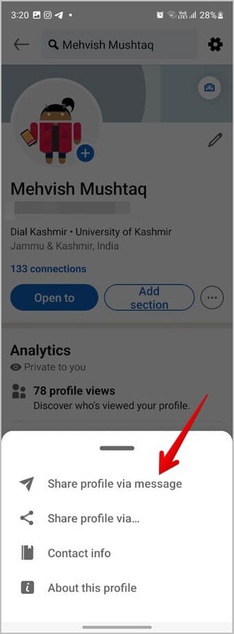 LinkedIn-Mobile-Send-Your-Profile-in-Message كيفية البحث عن رابط ملف تعريف LinkedIn ومشاركته على الهاتف المحمول والكمبيوتر الشخصي