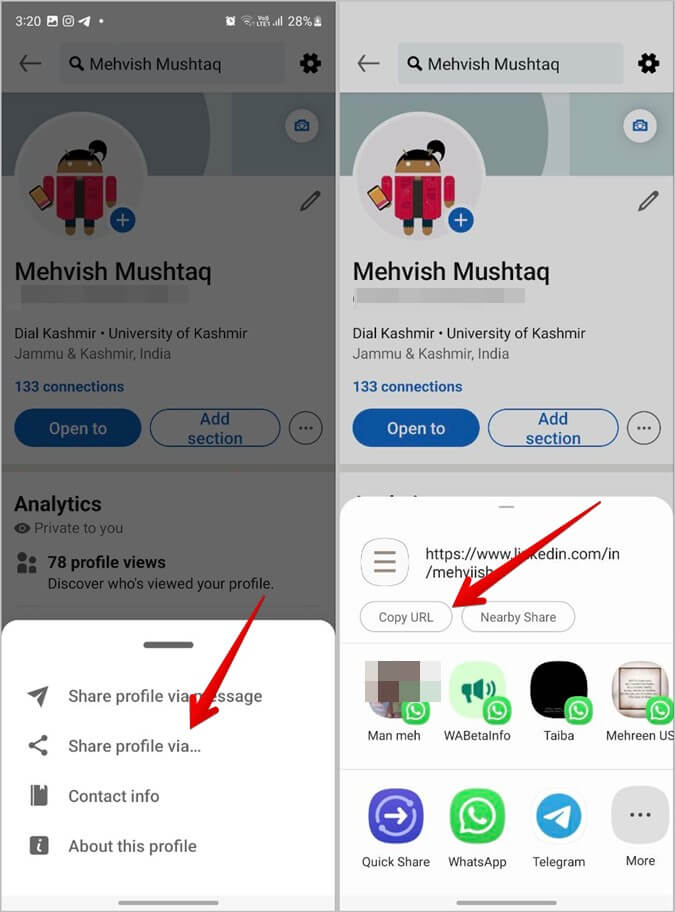 LinkedIn-Mobile-Share-Profile-Link-by-Copy كيفية البحث عن رابط ملف تعريف LinkedIn ومشاركته على الهاتف المحمول والكمبيوتر الشخصي