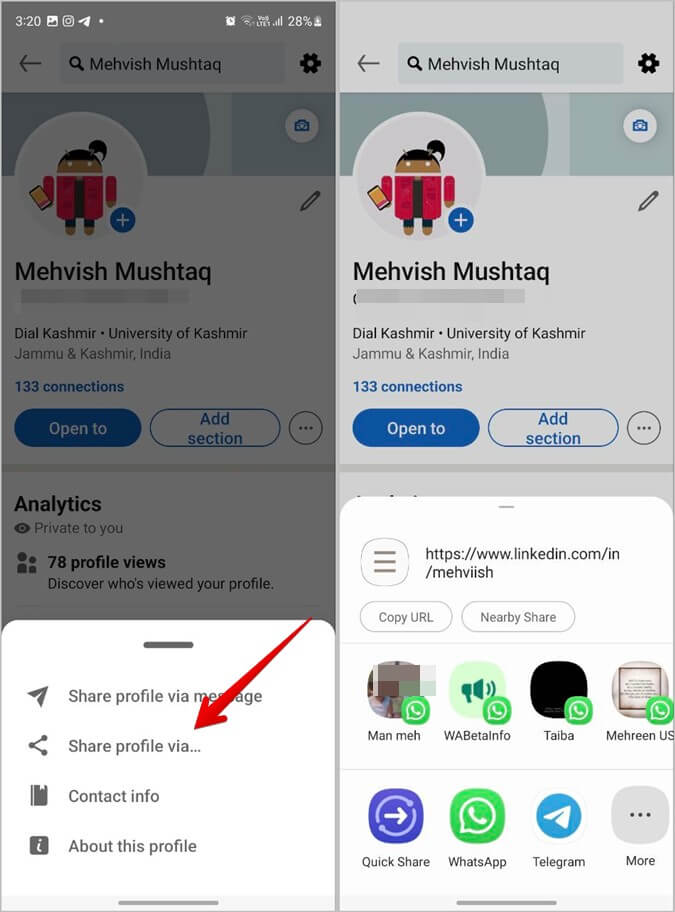 LinkedIn-Mobile-Share-Profile-Link-in-Apps كيفية البحث عن رابط ملف تعريف LinkedIn ومشاركته على الهاتف المحمول والكمبيوتر الشخصي