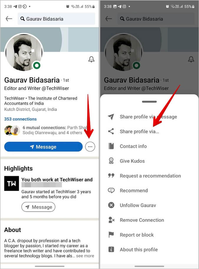 LinkedIn-Mobile-Someone-Else-Profile-Link-Share كيفية البحث عن رابط ملف تعريف LinkedIn ومشاركته على الهاتف المحمول والكمبيوتر الشخصي