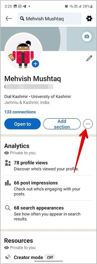 LinkedIn-Mobile-Three-Dot-Menu كيفية البحث عن رابط ملف تعريف LinkedIn ومشاركته على الهاتف المحمول والكمبيوتر الشخصي