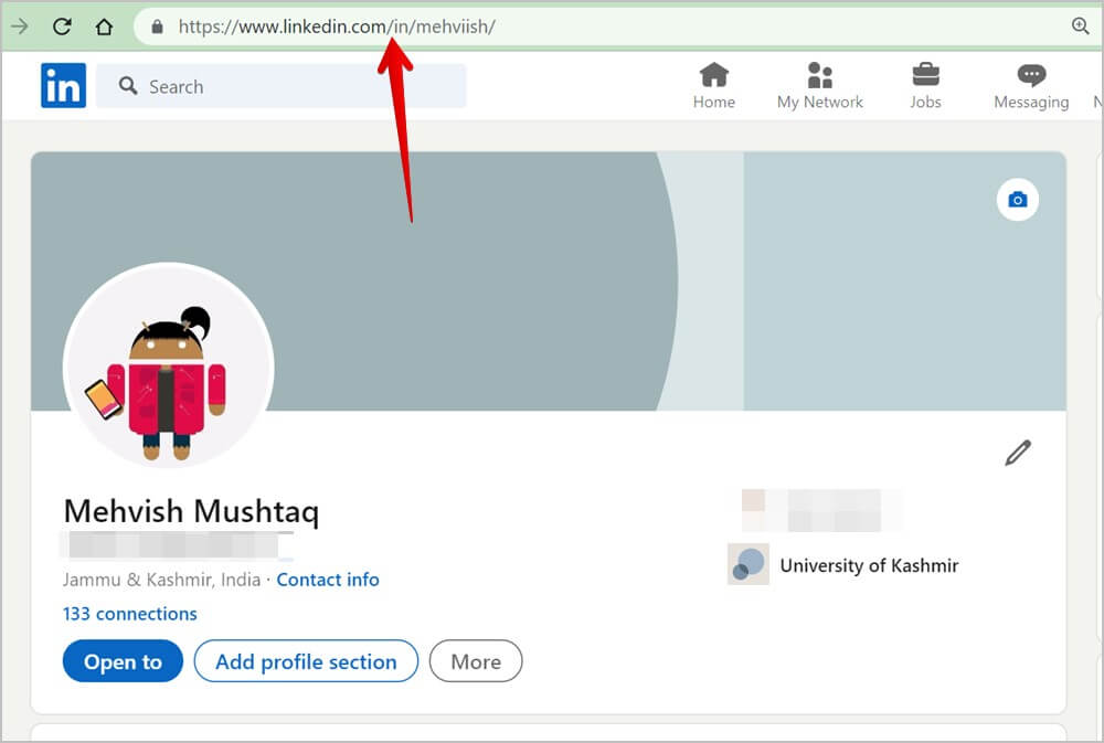 LinkedIn-PC-Copy-Profile-Link-Address-bar كيفية البحث عن رابط ملف تعريف LinkedIn ومشاركته على الهاتف المحمول والكمبيوتر الشخصي