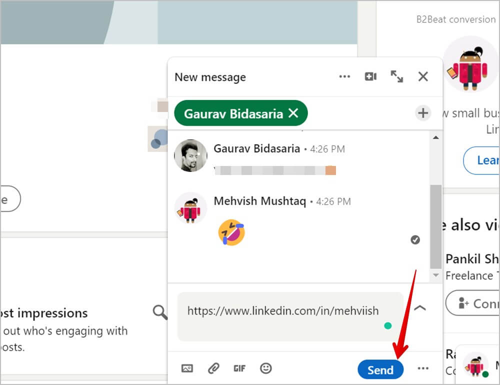 LinkedIn-PC-Your-Profile-Link-in-Message-send كيفية البحث عن رابط ملف تعريف LinkedIn ومشاركته على الهاتف المحمول والكمبيوتر الشخصي