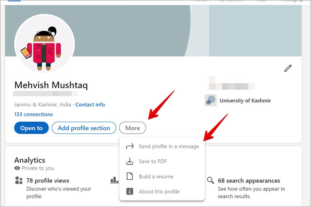 LinkedIn-PC-Your-Profile-Link-in-Message كيفية البحث عن رابط ملف تعريف LinkedIn ومشاركته على الهاتف المحمول والكمبيوتر الشخصي