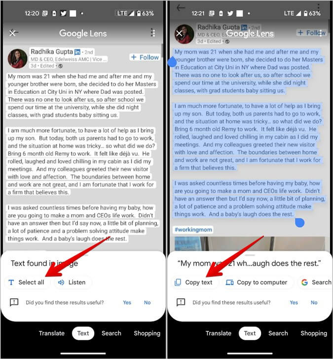 LinkedIn-Post-Android-Copy-Text كيفية نسخ نص أو عنوان URL من منشور LinkedIn