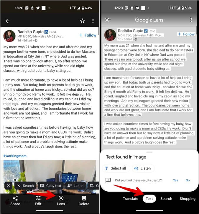 LinkedIn-Post-Android-Google-Photo-Lens كيفية نسخ نص أو عنوان URL من منشور LinkedIn