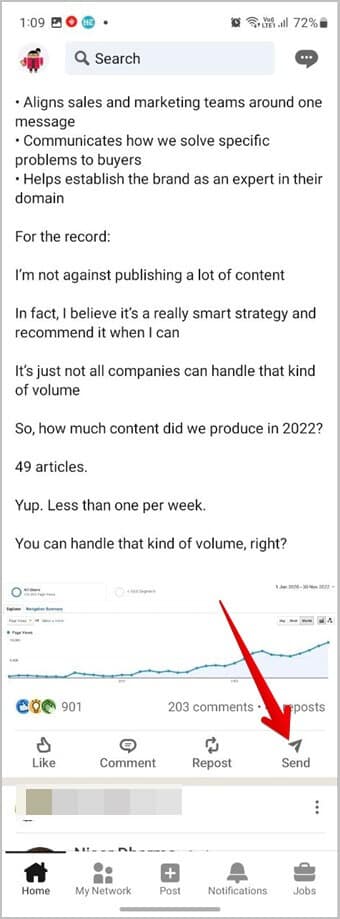 LinkedIn-Post-Link-Mobile-Send كيفية نسخ نص أو عنوان URL من منشور LinkedIn