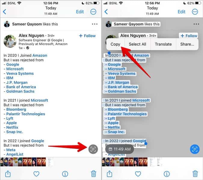 LinkedIn-Post-iPhone-Copy-Text كيفية نسخ نص أو عنوان URL من منشور LinkedIn