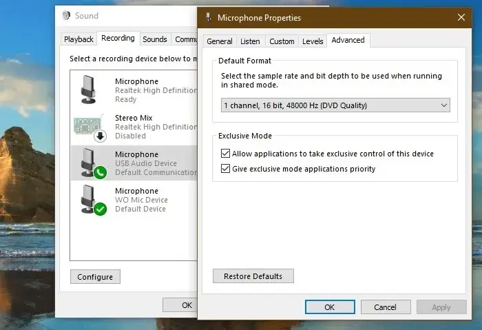Microphone-not-working-Windows10-Microphone-Advanced-Settings.jpg كيفية إصلاح مشكلة عدم عمل الميكروفون في Windows