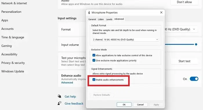 Microphone-not-working-Windows11-Enable-Audio-Enhancements.jpg كيفية إصلاح مشكلة عدم عمل الميكروفون في Windows