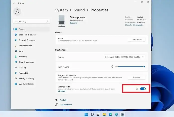 Microphone-not-working-Windows11-Enhance-Audio.jpg كيفية إصلاح مشكلة عدم عمل الميكروفون في Windows