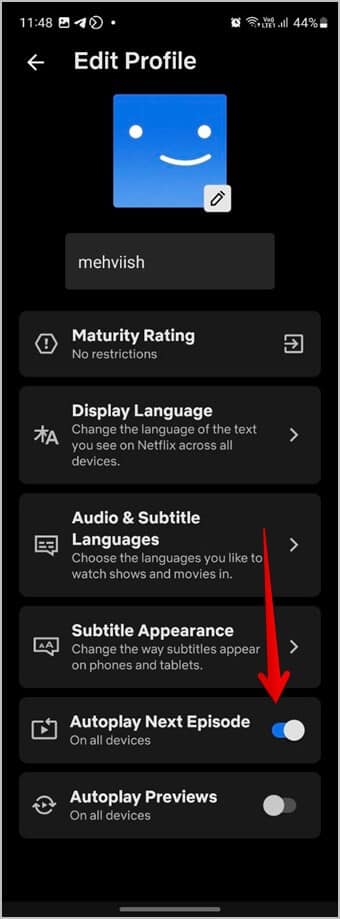Netflix-Mobile-Profiles-Enable-autoplay كيفية تغيير المواسم أو الحلقات على Netflix