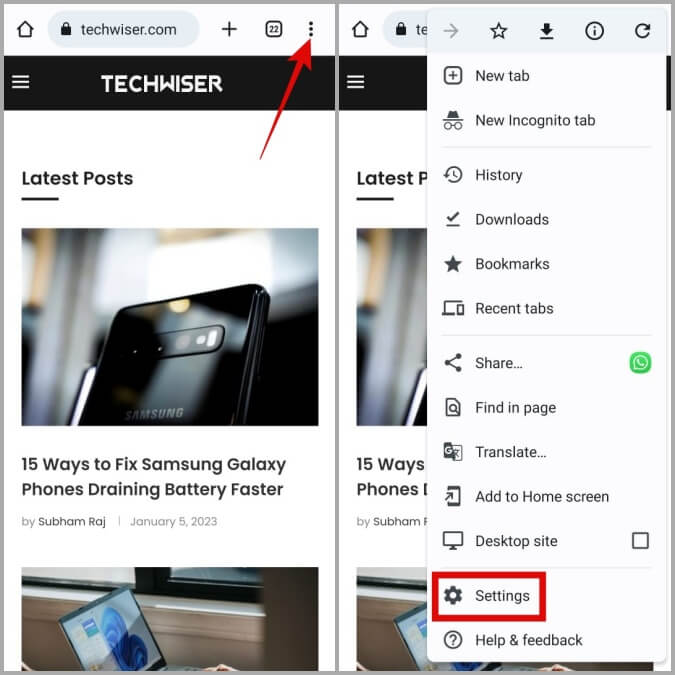 Open-Chrome-Settings-Menu-on-Android أفضل 7 طرق لإصلاح عدم وجود صوت في Google Chrome لنظام Android