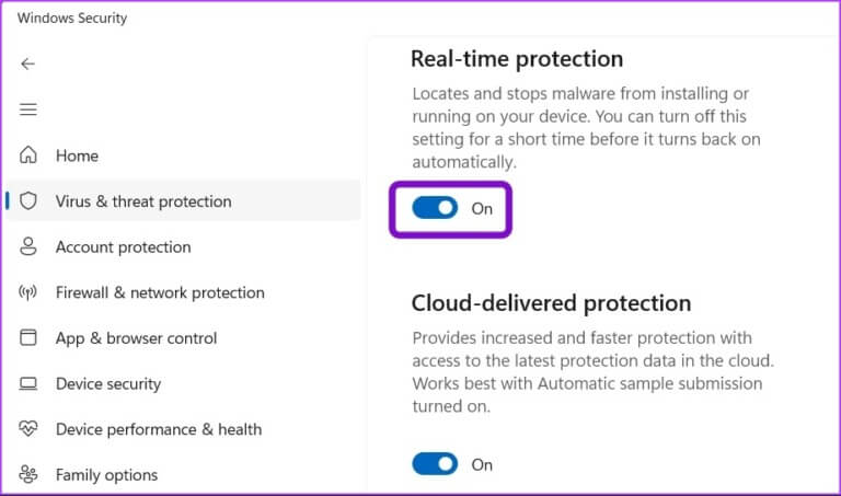 Real-time-protection-toggle-768x453-1 كيفية إصلاح عدم تثبيت الميزات الاختيارية على Windows 11