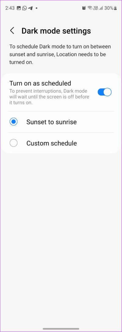 Samsung-Galaxy-Phone-Dark-Mode-Schedule-565x1536-1 كيفية تشغيل الوضع الداكن أو إيقاف تشغيله على هواتف Samsung Galaxy