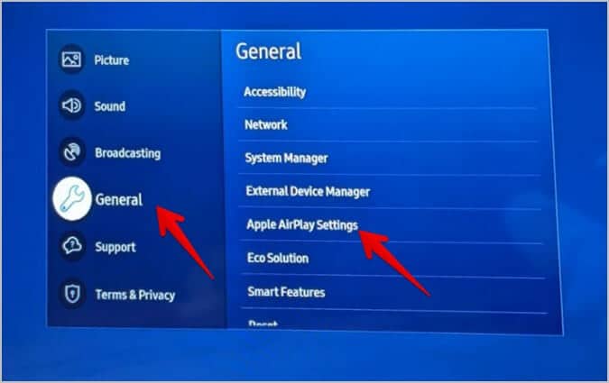Samsung-apple-airplay-settings 15 طريقة لإصلاح عدم عمل عكس الشاشة أو Cast على تلفزيون Samsung